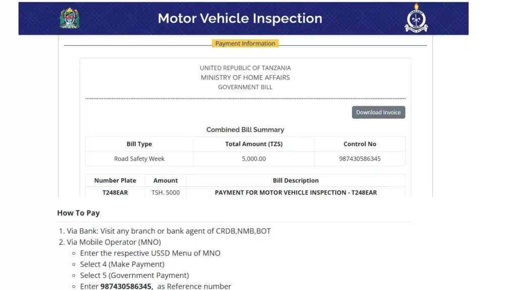 motor vehicle inspection  payment